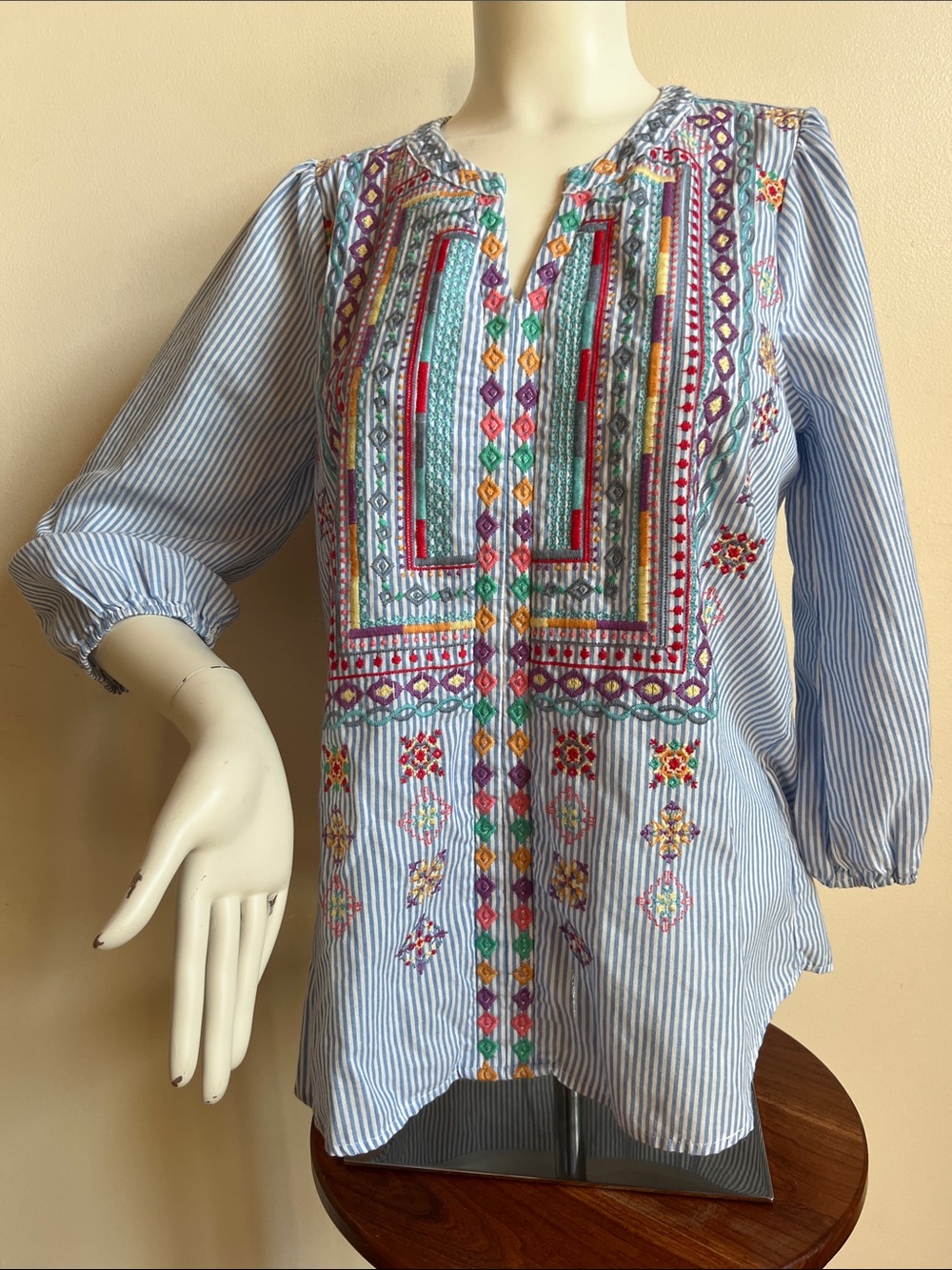 Savanna Jane Light Blue Striped Embroidered Peasant Top